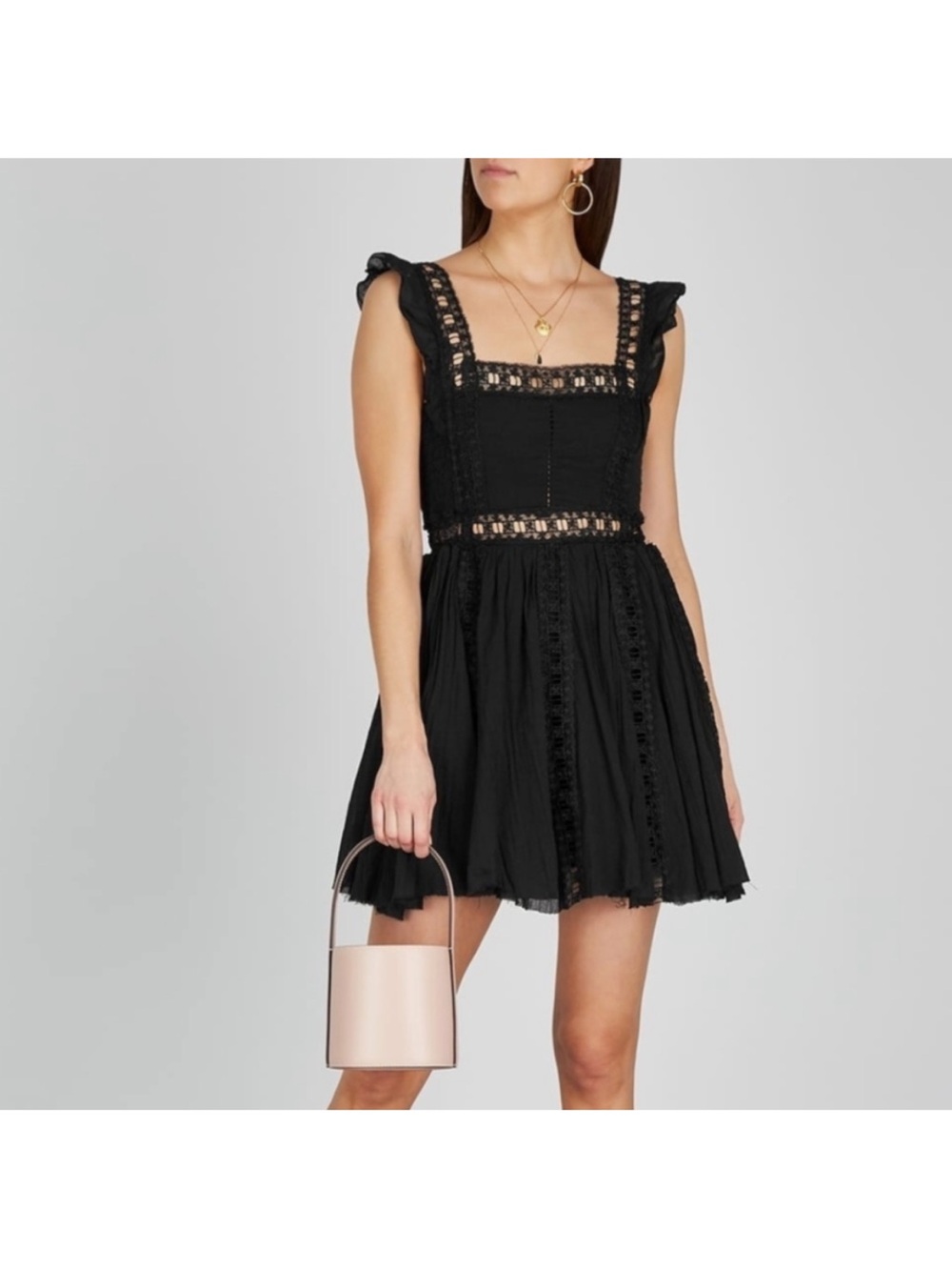 Free People Verona Lace Trim Mini  Black Coquette Romantic Goth Boho Dress SZ SM